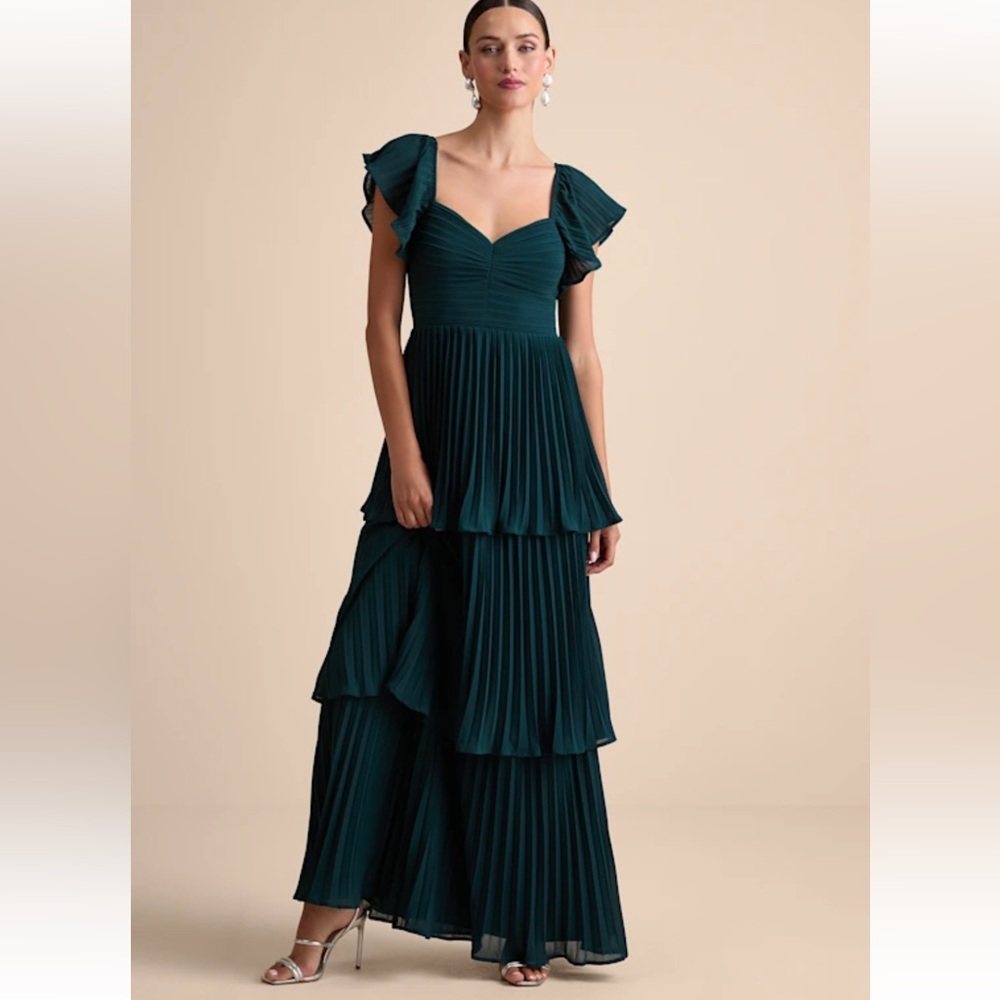 Lulus Notorious Charm Emerald Pleated Flutter Sleeve Maxi Dress Green - Size M